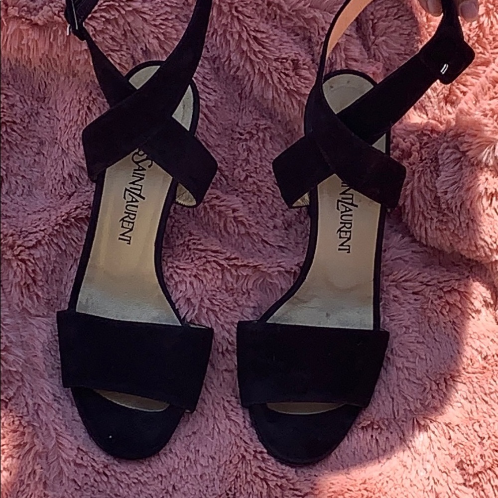 YSL Black Suede Strappy Block Kitten Heels